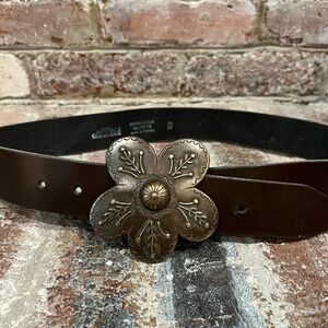 Vintage French Brown Leather Belt with Floral Metal Buckle 32